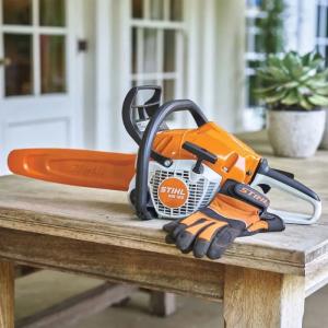 Stihl Chainsaw MS162 on a bench with chainsaw gloves